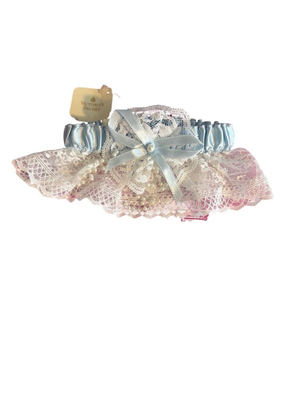 Vintage Victoria's Secret Blue White Lace Bridal Garter Faux Pearls Wedding NWT - Picture 1 of 6